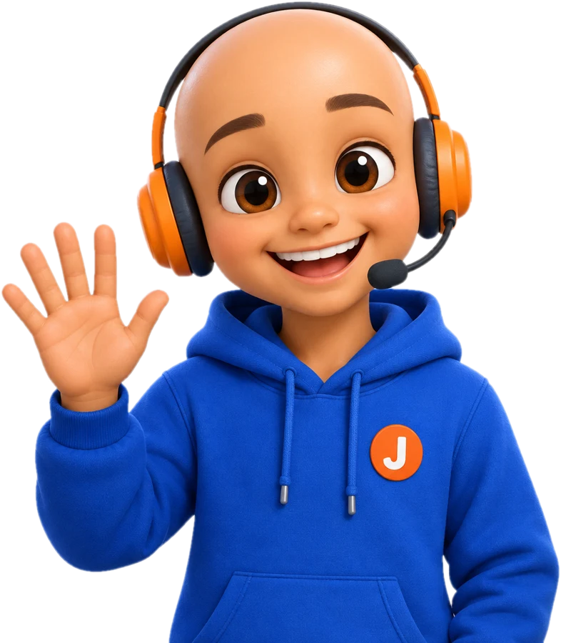 Jhony, o mascote, acenando com o fone de atendente